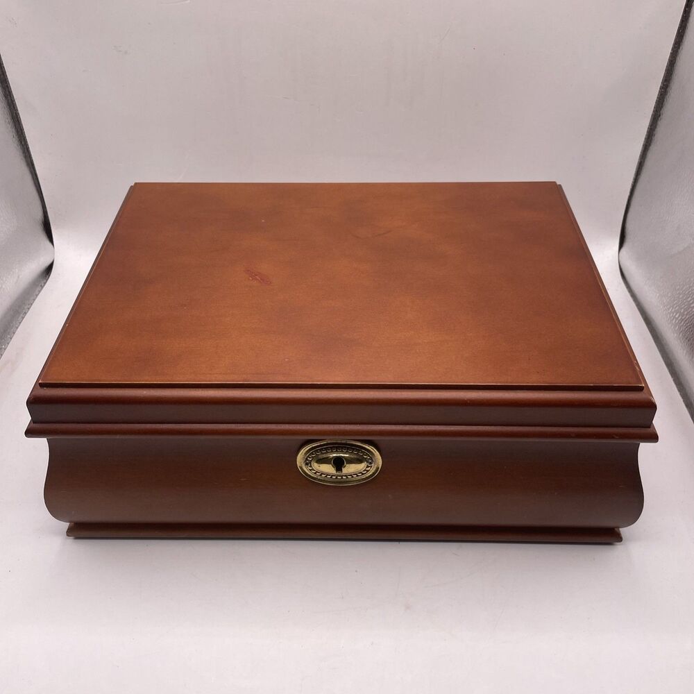 Vintage Fine Wood Jewelry Box w/Large Mirror 12" X 9" x 4" Upper Compartment
